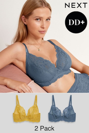 Navy Blue/Ochre Yellow Non Pad Plunge DD+ Lace Bras 2 Pack (T99032) | £30
