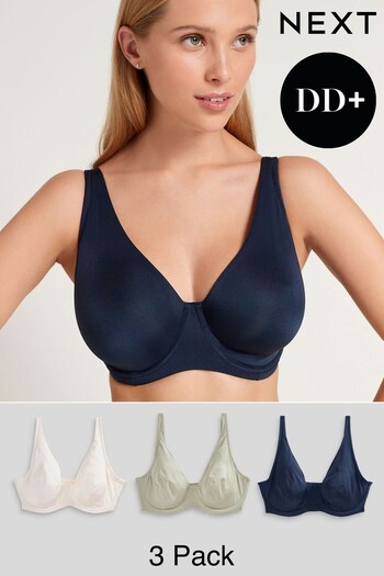 Green/Navy Blue/Cream Non Pad Full Cup DD+ Microfibre Smoothing T-Shirt Bras 3 Pack (T99035) | £40