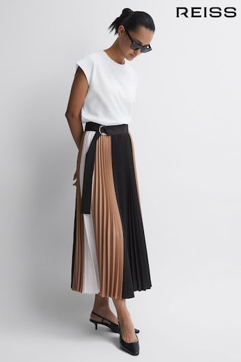 Reiss Black/Camel Ava Colourblock Pleated Midi Skirt (T99370) | £178
