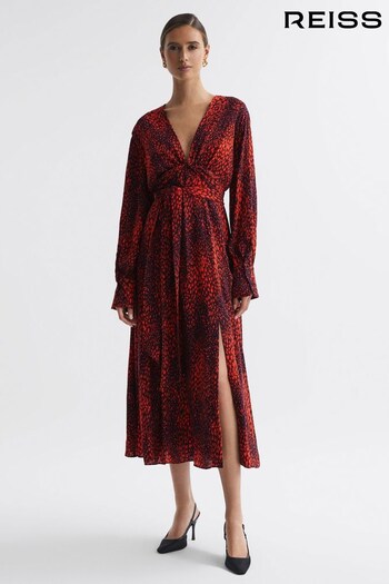 Reiss Red Maya Animal Print Blouson Sleeve Midi Dress (T99373) | £198