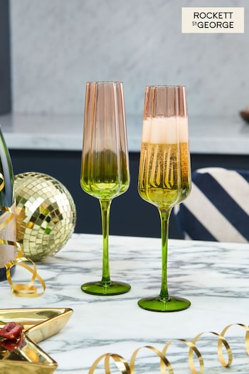 Rockett St George Green & Blush Pink Deco Flower Glass Set of 2 Flute Glasses (T99472) | £22