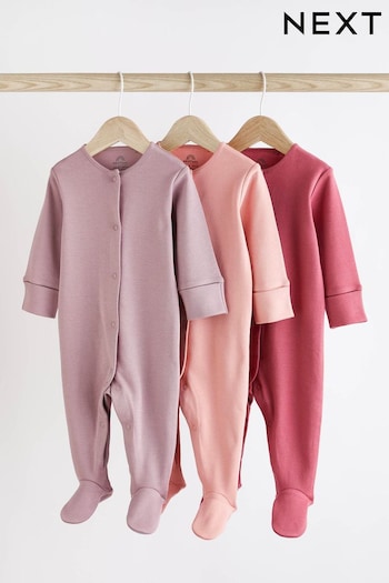 Pink 3 Pack Cotton Baby Sleepsuits (0-2yrs) (TGJ627) | £12 - £14