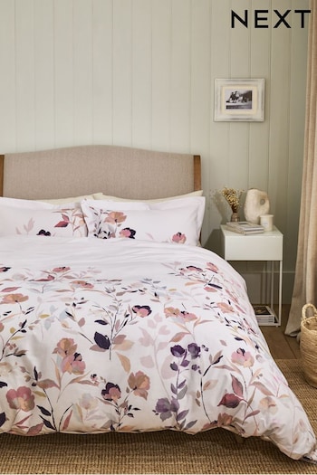 Pink/Cream Floral Oxford Edge Reversible 100% Cotton Duvet Cover and Pillowcase Set (TW6369) | £30 - £60