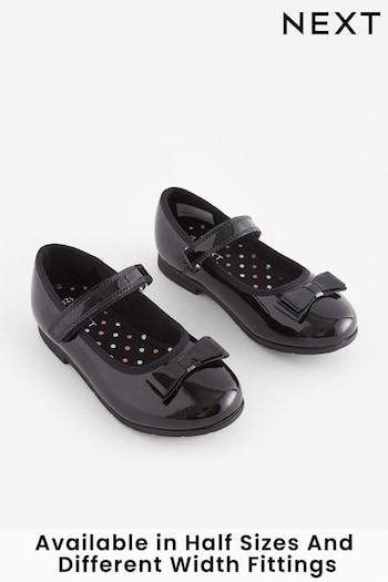 Black Patent Wide Fit (G) School Leather Bow Mary Jane Netball Shoes (U00712) | £26 - £35