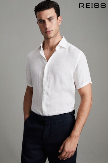 Reiss White Holiday Slim Fit Linen Button-Through Shirt (U00746) | £88