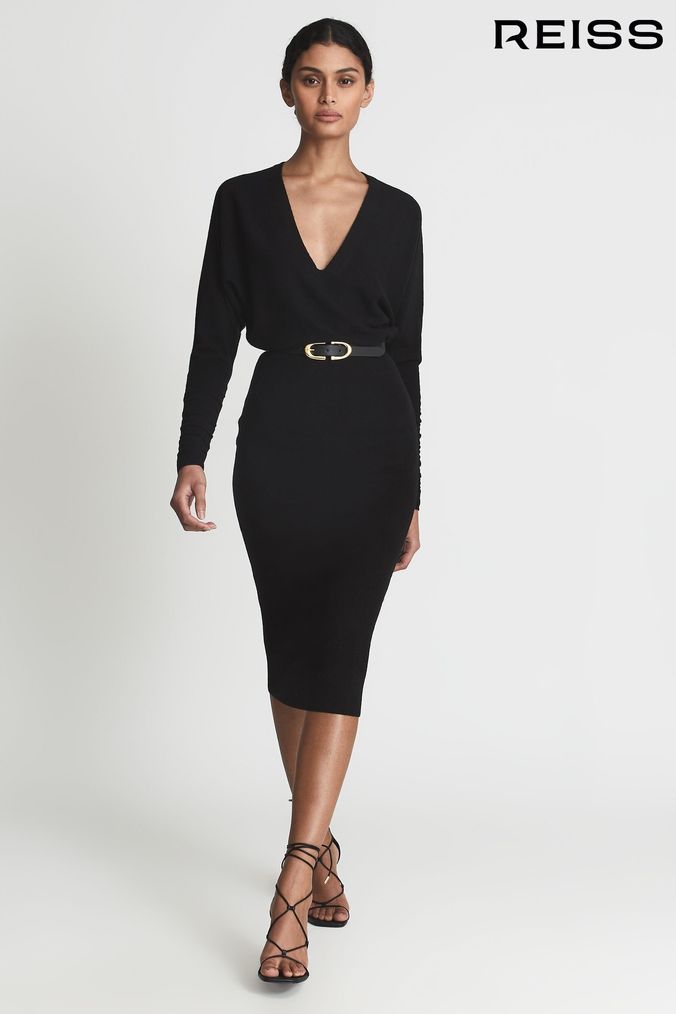 Reiss Black Jenna Cashmere Blend Ruched Sleeve Dress (U00934) | £198