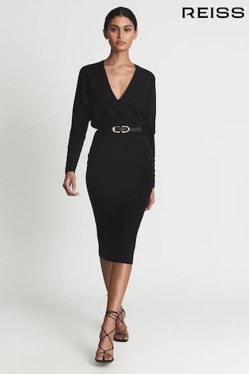 Reiss Black Jenna Wool Blend Ruched Sleeve Midi Dress (U00934) | £198