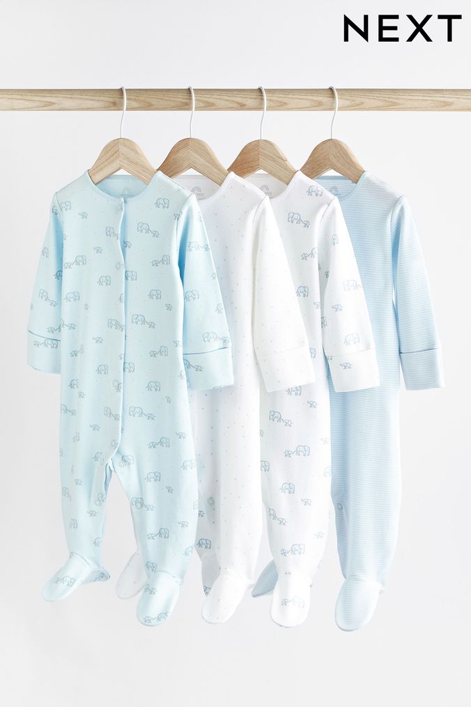 Pale Blue 4 Pack Elephant Baby Sleepsuits (0-2yrs) (U02243) | £18 - £20