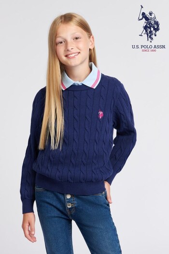 U.S. Mens Polo Assn. Girls Blue Cable Knit Jumper (U02500) | £40 - £48