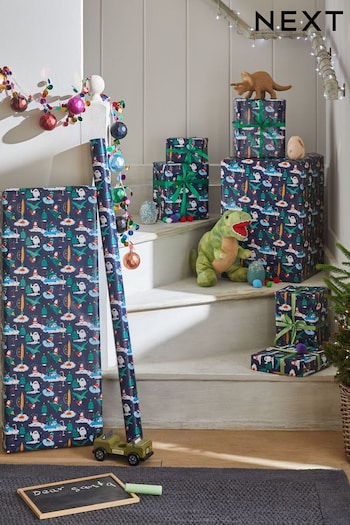 Navy Dino Santa Extra Wide 10 Metre Christmas Wrapping Paper (U02504) | £7