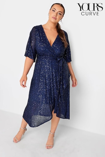 Yours Curve Blue London Sequin Tulip Hem Wrap Dress (U04832) | £60