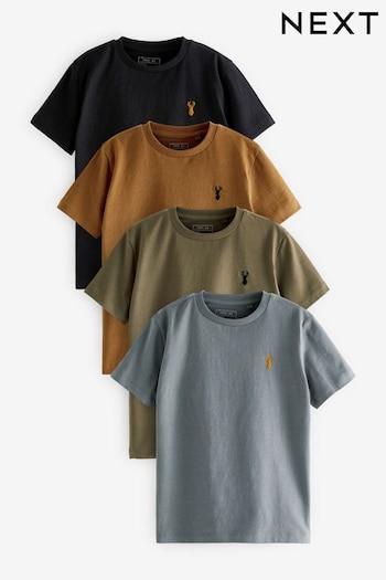 Grey/Black/Khaki Green/Tan Brown Short Sleeve Stag Embroidered T-Shirts 4 Pack (3-16yrs) (U06032) | £20 - £34