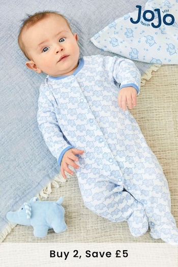 JoJo Maman Bébé Blue Little Elephant Cotton Baby Sleepsuit (U06722) | £20