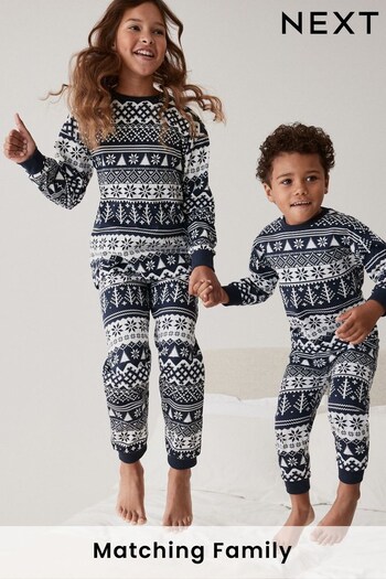 Navy Blue Fairisle Pattern Matching Family Kids footballs Cotton Pyjamas (9mths-16yrs) (U06864) | £10 - £17