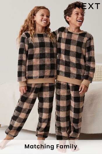 Neutral Check Matching Family Kids Cosy Fleece Pyjamas (3-16yrs) (U06876) | £20 - £27