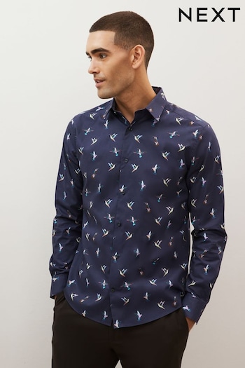 Navy Blue Hummingbird Regular Fit Printed Trimmed Shirt (U06895) | £36