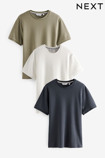 Navy Blue/Stone/Ecru Cream Textured T-Shirts 3 Pack (U06991) | £45