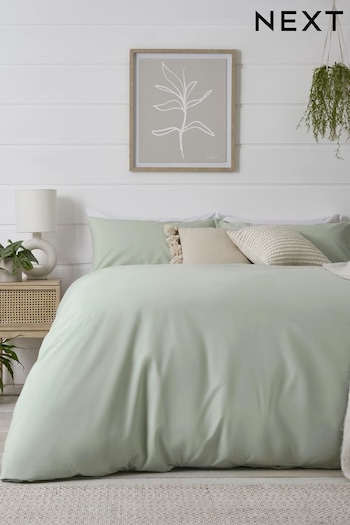 Green Pale Sage Cotton Rich Plain Duvet Cover and Pillowcase Set (U09540) | £18 - £45
