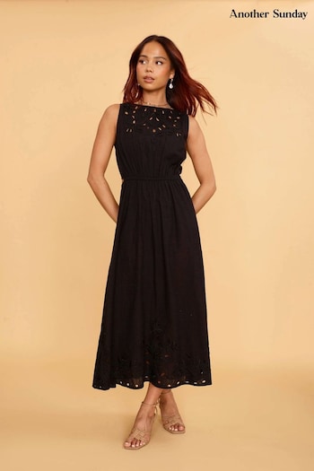 Another Sunday Midi Dress With Broderie Cut-Out In Black (U09573) | £48