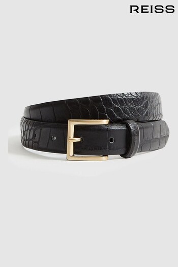 Reiss Black Molly Leather Croc Embossed Belt (U09889) | £50