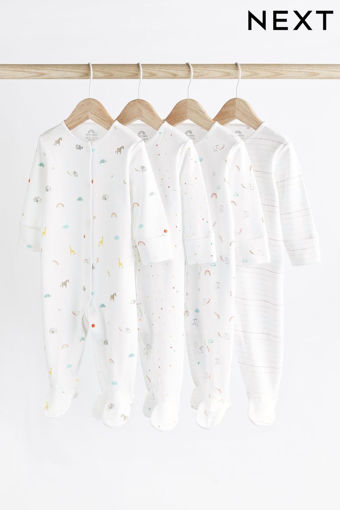 White 4 Pack Baby Printed Long Sleeve Sleepsuits (0-2yrs) (U09995) | £18 - £20
