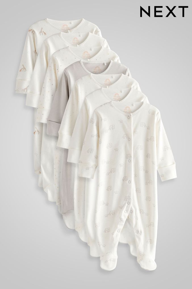 Delicate White 7 Pack Baby Printed Long Sleeve Sleepsuits (0-2yrs) (U09996) | £31 - £33