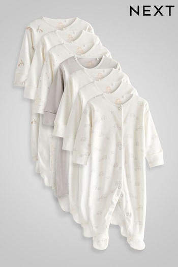 Delicate White Animal 7 Pack Baby Printed Long Sleeve Sleepsuits (0-2yrs) (U09996) | £30 - £32