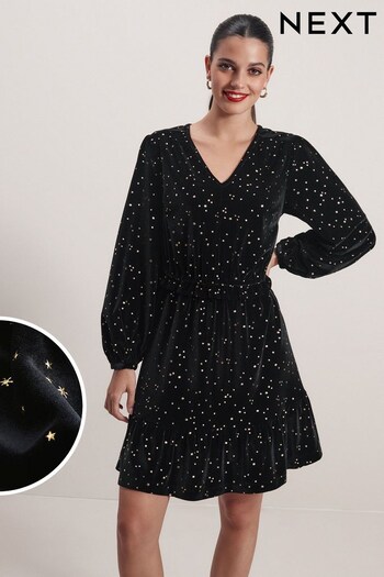 Black Long Sleeve Mini V-Neck Dress (U10446) | £50