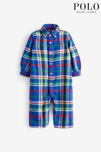 Polo Ralph Lauren Baby Blue Checked Coverall Romper (U10860) | £99
