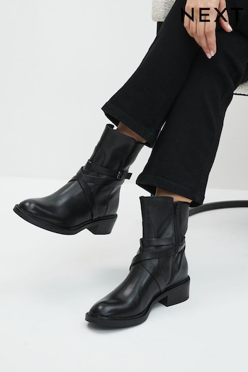 Black Signature Leather Strap Detail Ankle Boots (U12007) | £110