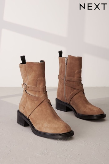 Tan Brown Signature Leather Strap Detail Ankle zip-up Boots (U12011) | £110