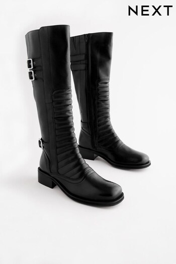 Black Forever Comfort® Leather Biker Knee High Boots (U12123) | £95