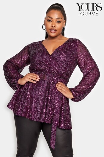 Yours Curve Pink London Sequin Long Sleeve Wrap Top (U12352) | £49