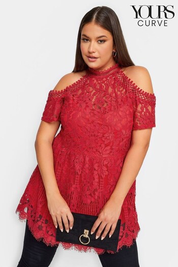 Yours Curve Red London Lace Cold Shoulder Top (U12353) | £43