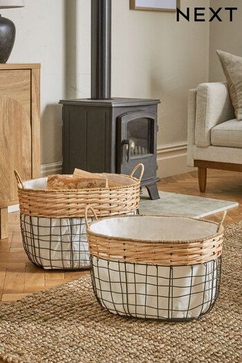 Set of 2 Black Wire and Wicker Storage Baskets (U12369) | £48