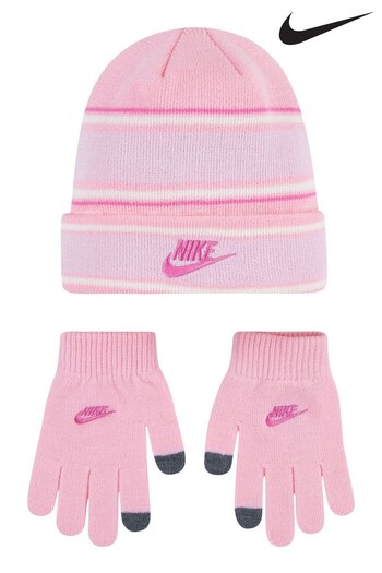 Nike Pink Kids Multi Stripe Beanie Hat and Gloves Set (U12381) | £25