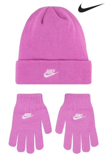 Nike washed Pink Kids Club Beanie Hat and Gloves Set (U12382) | £24