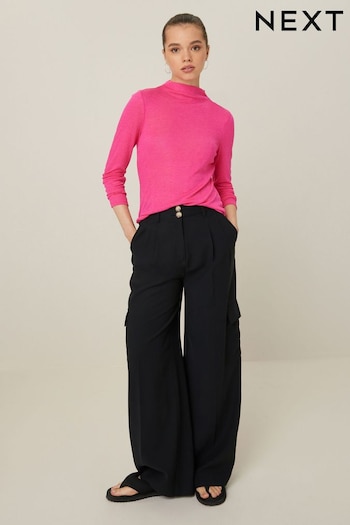 Bright Pink Long Sleeve High Neck Semi-Sheer Top (U12409) | £8