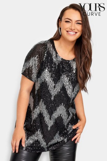 Yours Curve Silver London Sequin Zig Zag Front T-Shirt (U12455) | £37