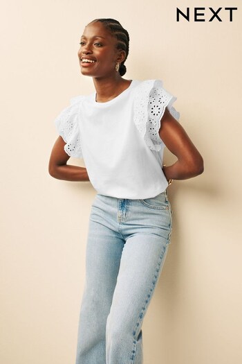 White Broderie Frill Sleeve Jersey Top (U12943) | £22