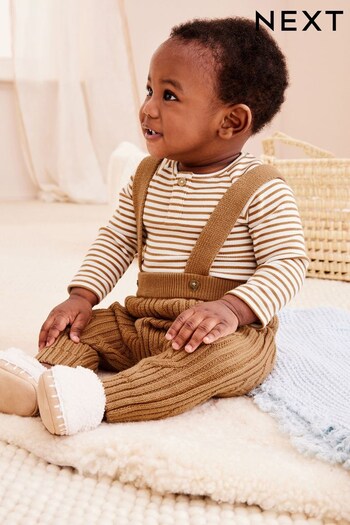 Tan Brown Cable Knitted Baby Dungarees And Bodysuit (0mths-2yrs) (U12953) | £20 - £22