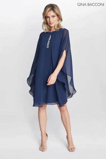 Gina Bacconi Blue Laura Chiffon Cape And Beaded Neck Dress (U12971) | £250