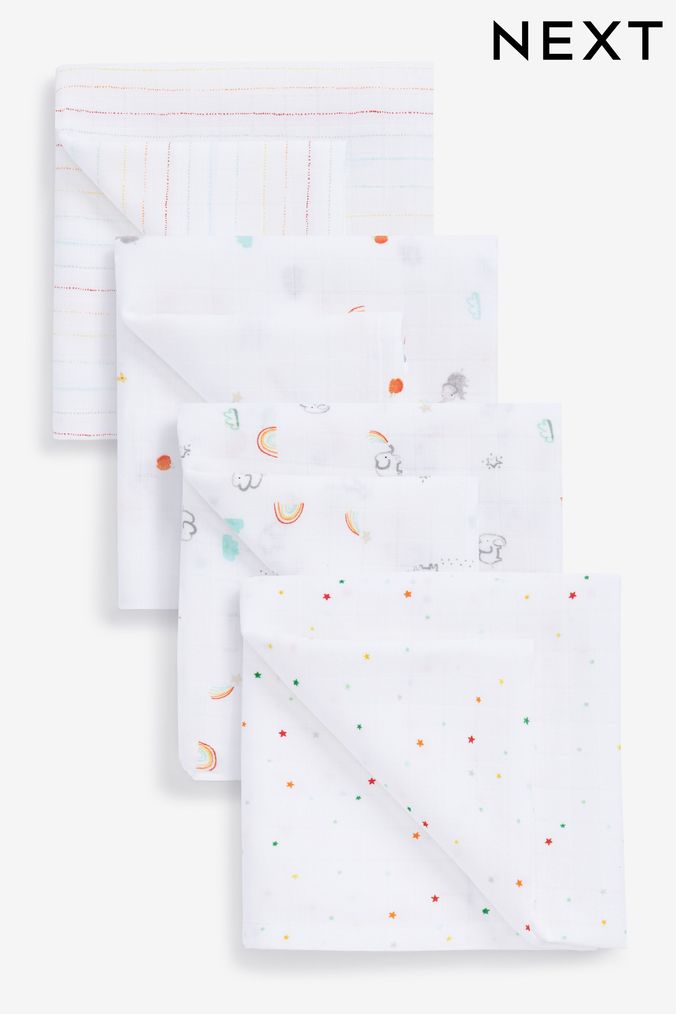 White Bright Rainbow Print Baby Muslin Squares 4 Pack (U13715) | £13