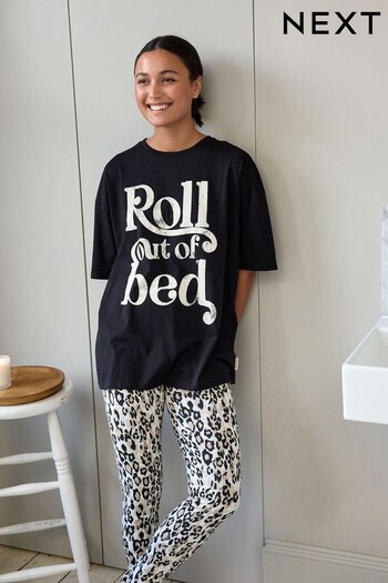 Black Leopard Oversized T- Shirt And Legging Pyjamas (U13850) | £26