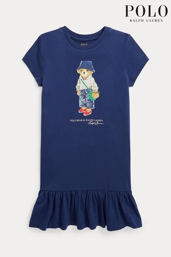 Polo Ralph Lauren Girls Navy Blue Bear Jersey T-Shirt Dress (U13899) | £79 - £89