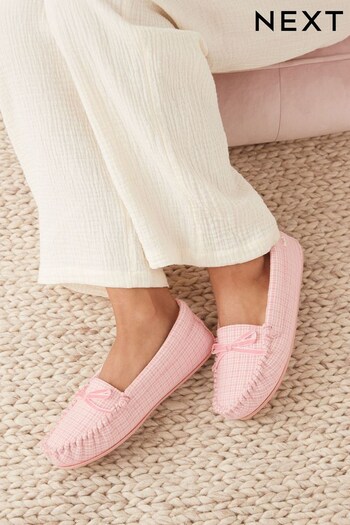 Pink Check Faux Fur Lined Moccasin Slippers (U14901) | £22