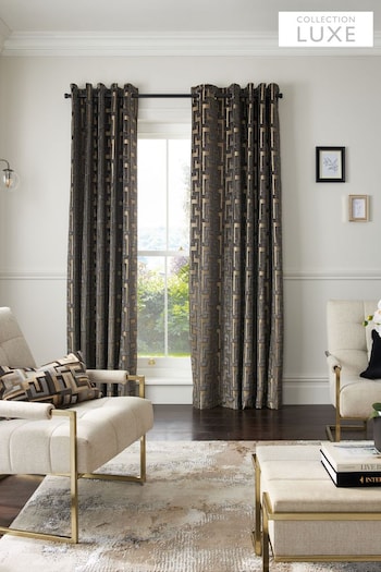 Charcoal Grey JuzsportsShops Collection Luxe Fretwork Heavyweight Velvet Eyelet Lined Curtains (U15557) | £175 - £350