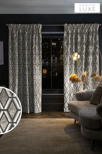 Grey Collection Luxe Heavyweight Geometric Cut Velvet Pencil Pleat Lined Curtains (U16330) | £175 - £350