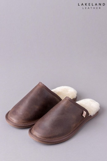 Lakeland Leather Mens Brown Leather Slider Slippers (U17391) | £70