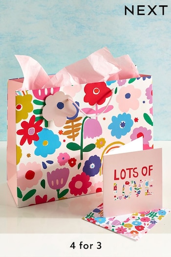 Pink Bright Floral Gift Bag and Card Set (U18146) | £4